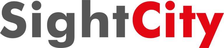Logo mit dem Schriftzug „SightCity“ in großer serifenloser Schrift, wobei „Sight“ in dunkelgrau und „City“ in kräftigem Rot auf weißem Hintergrund dargestellt ist.