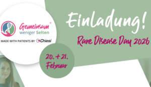 Grafik zum Rare Disease Day 2026 mit dem Schriftzug „Einladung! Rare Disease Day 2026“ und dem Logo „Gemeinsam weniger Selten – Made with Patients by Chiesi“.