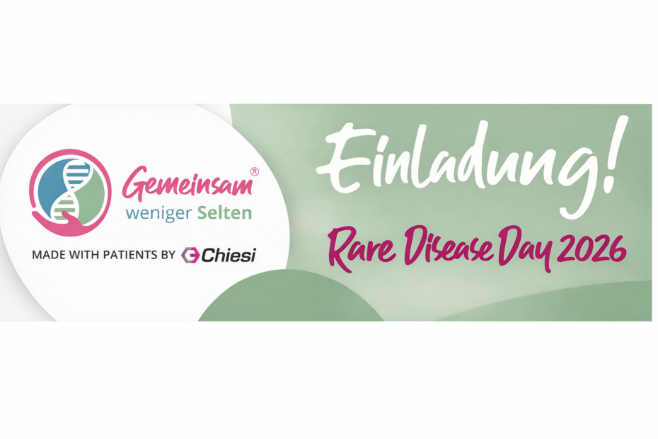 Grafik zum Rare Disease Day 2026 mit dem Schriftzug „Einladung! Rare Disease Day 2026“ und dem Logo „Gemeinsam weniger Selten – Made with Patients by Chiesi“.