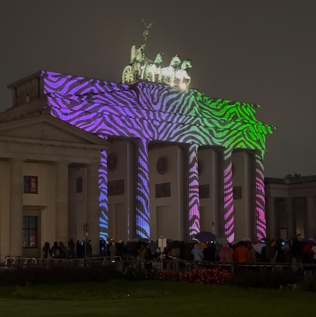 Das Foto zeigt das Brandenburger Tor in Berlin in der Dunkelheit, auf dessen Fassade und Säulen eine leuchtende Lichtprojektion im Zebramuster geworfen wird. Die Farben des Musters verlaufen auf der linken Seite in Violett, gehen an den Säulen in Blautöne und Pink über und leuchten auf der rechten Seite hellgrün, während die Quadriga auf dem Dach ebenfalls hell angestrahlt wird. Im abgedunkelten Vordergrund versammelt sich eine Menschenmenge hinter einer Absperrung, um das erleuchtete Wahrzeichen zu betrachten. 